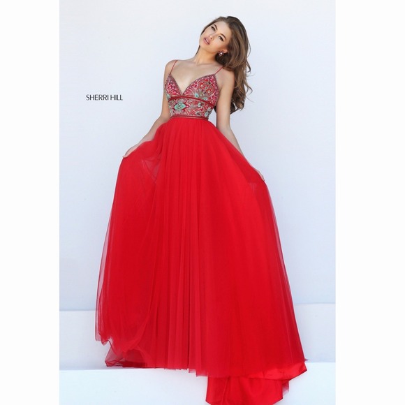 Sherri Hill Dresses & Skirts - Sherri Hill 50474 A Line Maxi Formal Dress Red Pink Tulle 2 Beaded Homecoming